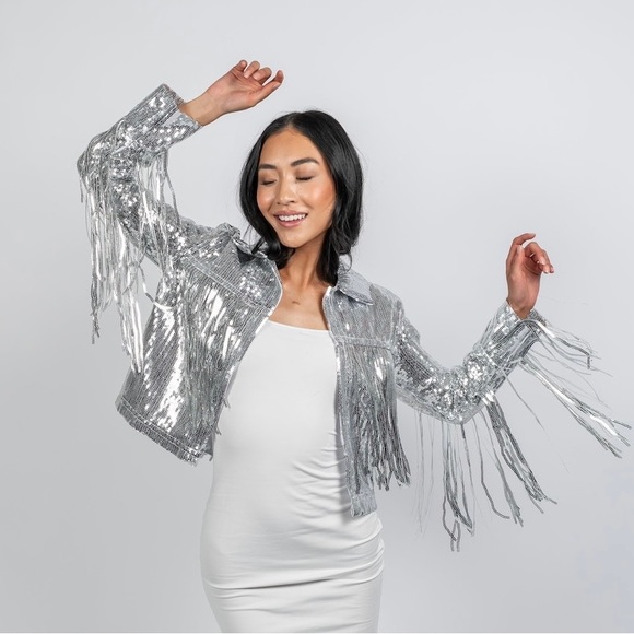 Metallic silver sequin fringe jacket - Picture 3 of 4